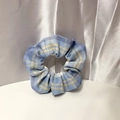 Grote blauw en geel geruite stoffen scrunchie met elastisch bloemen-kantontwerp - 38# Ijs