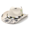 Detail of white felt cowboy hat featuring intricate black floral prints and braided cord - M (56-58cm) / Exquisite Black and White Realistic Floral Butterfly (Beige 3) / Beige 3