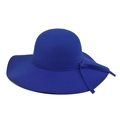 Detailed close-up of a wide brim blue wool felt hat with an elegant bow decoration - Adult 57-60cm / Royal Blue Wavy Edge