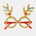 Close-up of Christmas glasses featuring gold glitter reindeer antlers and red blue pom poms - Round Frame|quantity