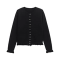 Detail of black knit cardigan featuring pearlescent buttons and ruffled hem edges - S / Black