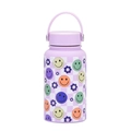 Lilac 650ml wide mouth vacuum flask with checkered smiley faces and floral patterns - Purple Checkerboard Smiley