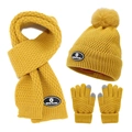 Winter yellow knit set with bear patch beanie, scarf and touchscreen gloves for kids - Yellow