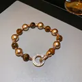 French style pearl and tiger eye beaded bracelet with gold plated zircon O-toggle clasp - 73# Bracelet-Gold-Brown-10mm