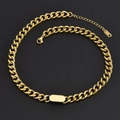 Golden stainless steel Cuban chain necklace with rectangular pendant on black background - Bracelet (D704)