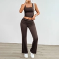 Deep brown two-piece knit set featuring a sleeveless square neck crop top and flared pants - Brown