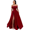 Detail of red off-shoulder satin gown showing high slit and floor-length skirt - US size 14 / Top And Bottom / Burgundy