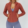 Slim fit fleece hooded jacket in brick red color with full zipper and side pockets - S / Honey Orange
