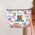 White canvas pouch with Self Love Affirmations print and black zipper detail - Self Love Affirmations Style (jiayingpbb0129)