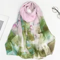 Pink and blue lotus print long silk feeling scarf for sun protection and beach wear - Narcissus Pink
