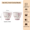 Set mit sechs 5-Zoll Keramik-Konusschalen mit elegantem rosa floralem Unterglasurdesign - Set mit 6 Schalen
