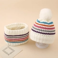 Warm kids knitted hat and scarf set with colorful stripes and white faux fur pompom - Rainbow Striped