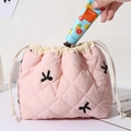 Pink quilted makeup bag large capacity travel cosmetic pouch with cute black bows and drawstring. - Pink With Black Bow
