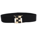 Women's black elastic wide belt with a wavy gold and black metal interlocking buckle - EL224 Black (Wave Color Patch Buckle)