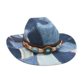 Cappello da cowboy in denim patchwork blu con fascia in pelle e dettagli in turchese - Taglia unica / Azzurro