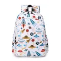 White elementary school backpack with space rocket prints and safety reflective strips - Space Rocket / White