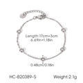Detail view of silver stainless steel bracelet with zircon charms and 17+3cm length specs - Silver Five Round Gem Bracelet (HC-B20389-S)