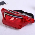 Glossy red laser waist bag for women featuring vibrant rainbow gradient zipper detail - Red