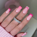 French tip nails in pink with silver ring featuring radiant square-cut crystals - Bz1525 Stendin Powder / Jelly Glue + Nail File