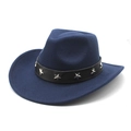 Close-up of navy wool fedora with black leather band and silver star studs detail - M (56-58cm) / Navy Blue