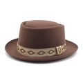 Vintage brown wool felt flat top hat with geometric embroidered band on white background - M (56-58cm) / Brown