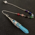 Blue turquoise hexagonal prism pendant necklace with seven chakra beads and silver metal cap - Blue Turquoise With Chakra Chain