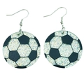 Detail of round wooden soccer earrings with silver glitter finish and silver metal hooks - Silver Glitter Soccer