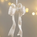 Sparkling silver glitter bow Christmas tree ornament with white ribbon hanging detail - Crystal Hanging Bow