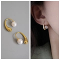 Minimalist golden teardrop earrings with white pearls for women, side and model view - 18# Metal Teardrop Pearl
