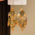 Vista dettagliata di orecchini di zircone con perle di vetro sfaccettate e nappe lunghe - Stile 5# Gancio per l'orecchio-Argento-Verde-Marrone