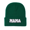 Detailed close-up of dark green knit beanie with white MAMA chenille patch texture - Green