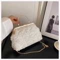 Elegant white evening bag with 3D lace roses and golden handle for weddings - White
