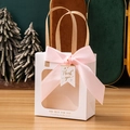 Close-up of a white gift bag with transparent window and large pink silk ribbon bow - Small (14.5x8x16.5cm) / Beige + Thank You Tag