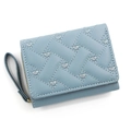 Grey-blue tri-fold short wallet for women with embroidered hearts and a wrist strap - Blue