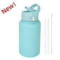 650ml mint green stainless steel water bottle with straw, handle, and cleaning brush - 650ml / Teal Blue