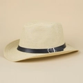 Detail of light beige straw fedora featuring a black leather band and silver buckle - M (56-58cm) / Beige