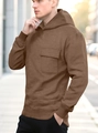 Men's coffee brown long sleeve hooded sweatshirt with front flap pocket in street style - S / Caramel color