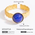 18k gold plated stainless steel ring with a large round blue gemstone and vintage texture - Blue Round Gemstone Style (JZ21071A)