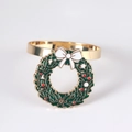 Golden Christmas wreath napkin ring with green enamel, red dots and white bow detail - New Wreath