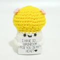 Handmade crochet mushroom doll with heart message sign and pink ears gift decor - Yellow Mushroom With Pink Dots I Card