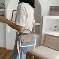 Three-color contrast patchwork shoulder bag in beige, blue, and white with wide strap - Khaki