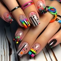 Unghie finte quadrate medie con sfumature arcobaleno neon e motivi geometrici - Stile a Pois Colorati e Linee Geometriche (CW691)