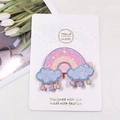 Close-up of glitter rainbow and cloud hair clip for girls with hanging star charms - Three-color Meteor Rainbow Cloud