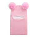 Pink knit baby balaclava with dual pom-poms and warm white fleece lining detail - Pink