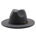Detail of dark gray wool fedora hat with brown leather band and gold horsebit buckle - Dark Gray