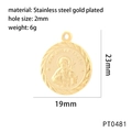 Detail van een 19mm vergulde roestvrijstalen Sint-Juda religieuze hanger met SKU PT0481 - PT0481-Goud San Judas 23mm
