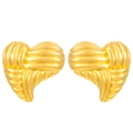 Vintage golden heart-shaped stud earrings with pleated texture and metallic finish - Vintage Striped Pleated Heart Studs / 18k Gold Plated Heart WG3-0830