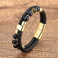 Double-layer black braided leather bracelet with tiger eye beads and golden magnetic clasp - 23CM / Gold Style 4