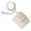 Plaid wallet with mint green marble beads wristlet and leather tassel in beige finish - Gray