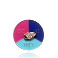 Round enamel social battery pin with gold SHE, HE, THEY pronouns on multi-colored segments - Pronoun Identity Brooch / Pronoun Crystal Brooch